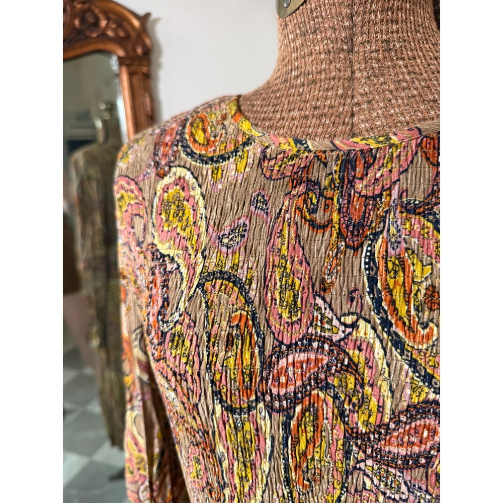 Rusttydustty Womens Paisley Smocked Tiered Midi Dress Long Sleeve Brown Boho L - Picture 3 of 8